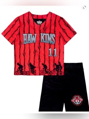 NWT Stranger Things Boys M 8 Hawkins 11 Pajama Set Red Black Shirt Shorts